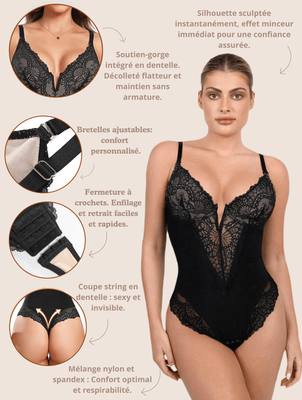 Bodysuit String Col V avec Soutien Intégré sans armature